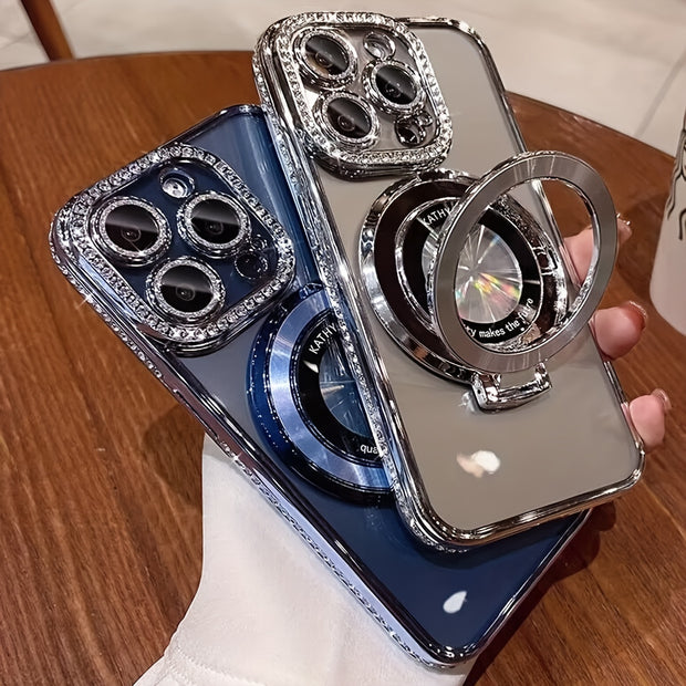 Luxury Bling Glitter Ring Bracket Magnetic Plating Phone Case For IPhone 15 14 13 12 11 Pro Max 15 Plus Kickstand Shockproof Soft Back Cove Accessories Protection - Luxe Ladies Moda