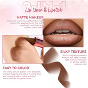 Gradient Lip Liner and Gloss Lip Combo Set, Long Lasting Light Brown Matte Lipstick Crayon Lip Liner Pencil, Hydrating Plumping Shiny Nude Tinted Lip Gloss Makeup