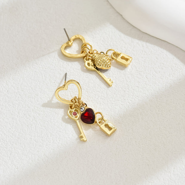 14K Gold Plated Heart & Lock Love Key Drop Earrings with Red Glass Charm - Elegant Copper Dangle Earrings with Stainless Steel Ear Needle for Women - Versatile Daily Wear Jewelry - Luxe Ladies Moda