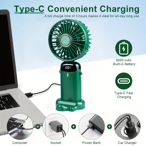 Portable Handheld Fan – 5-Speed USB Rechargeable, 5000mAh Personal Pocket Fan with LED Display, Quiet for Office, Travel, Outdoor, Home - Luxe Ladies Moda