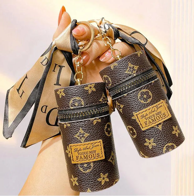 Designer Keychain Letter Key Lipstick Keychains Fashion PU Leather Purse Pendant Car Keyring Chain Charm Brown Flower Mini Bag Trinket Gift for Men Women - Luxe Ladies Moda