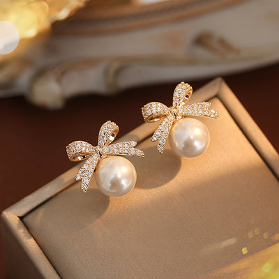 Chic Vintage-Inspired Bow & Faux Pearl Stud Earrings with Sparkling Rhinestones - Perfect for Parties & Festivals - Luxe Ladies Moda