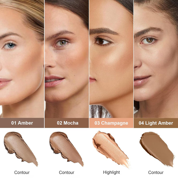 Contour and Highlighter Stick, Highly Pigmented & Blendable, Long Lasting & Creamy Texture, Waterproof, Natural Finish Contour Set for Face Sculpting, Travel-Friendly, 01 Amber & 03 Champagne
