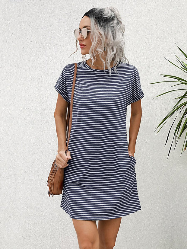 Striped Print Round Neck Patch Pocket Summer Short Sleeve Dress,Summer Dresses For Women - Luxe Ladies Moda