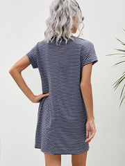 Striped Print Round Neck Patch Pocket Summer Short Sleeve Dress,Summer Dresses For Women - Luxe Ladies Moda
