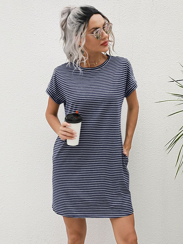 Striped Print Round Neck Patch Pocket Summer Short Sleeve Dress,Summer Dresses For Women - Luxe Ladies Moda