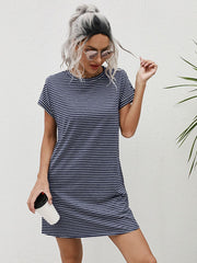Striped Print Round Neck Patch Pocket Summer Short Sleeve Dress,Summer Dresses For Women - Luxe Ladies Moda