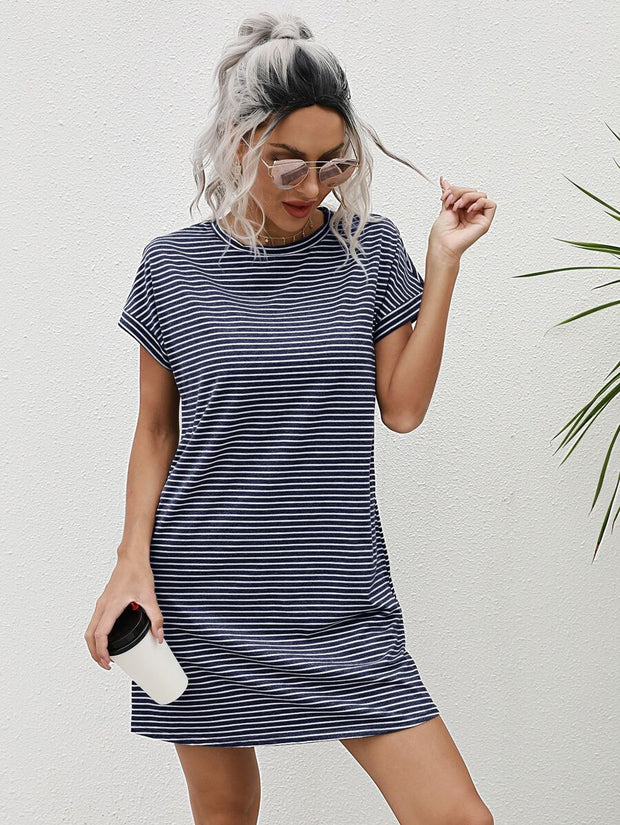 Striped Print Round Neck Patch Pocket Summer Short Sleeve Dress,Summer Dresses For Women - Luxe Ladies Moda