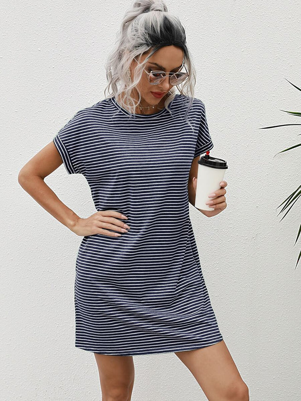 Striped Print Round Neck Patch Pocket Summer Short Sleeve Dress,Summer Dresses For Women - Luxe Ladies Moda