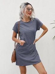 Striped Print Round Neck Patch Pocket Summer Short Sleeve Dress,Summer Dresses For Women - Luxe Ladies Moda