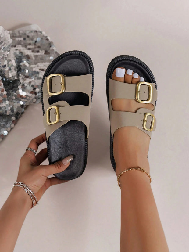 Women Buckle Decor Footbed Sandals, Flatform Fashion Sandals - Luxe Ladies Moda