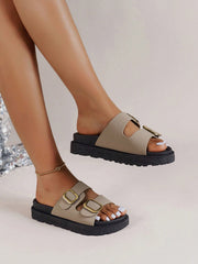 Women Buckle Decor Footbed Sandals, Flatform Fashion Sandals - Luxe Ladies Moda