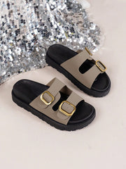 Women Buckle Decor Footbed Sandals, Flatform Fashion Sandals - Luxe Ladies Moda