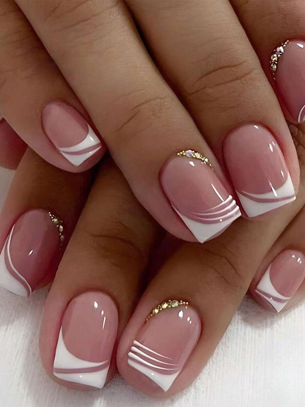 Transform Your Nails With 24pcs Short Square Rhinestone Decor Full Cover Fake Nail Set Press On Nails Nail Supplies - Luxe Ladies Moda