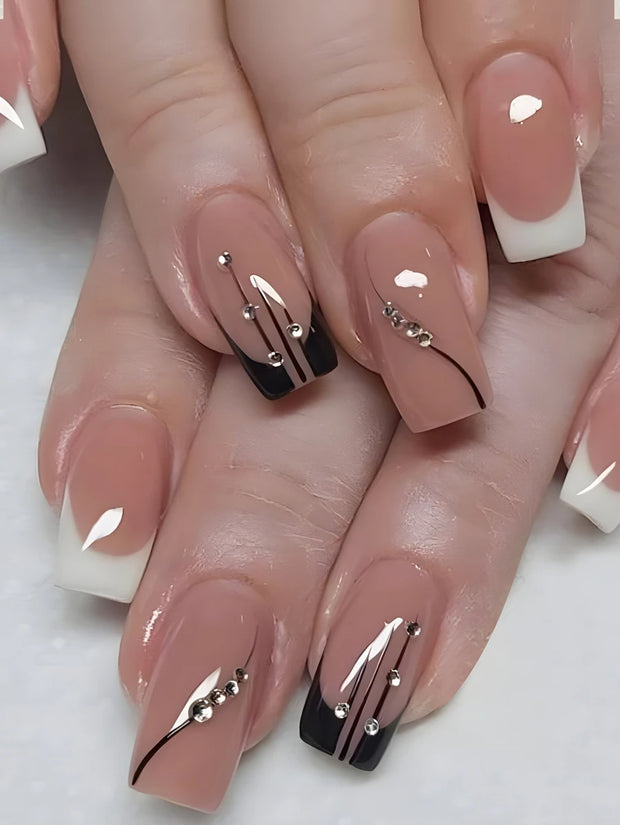 Transform Your Nails With 24pcs Short Square Rhinestone Decor Full Cover Fake Nail Set Press On Nails Nail Supplies - Luxe Ladies Moda