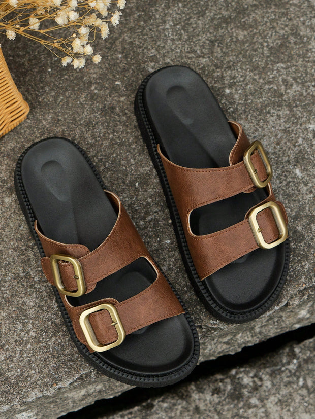 Women Buckle Decor Footbed Sandals, Flatform Fashion Sandals - Luxe Ladies Moda