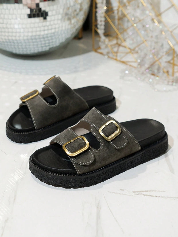 Women Buckle Decor Footbed Sandals, Flatform Fashion Sandals - Luxe Ladies Moda