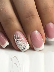 24pcs Short Square French Style White Rose Minimalist Sexy Artificial Nails Set Press On Nails For Party Or Daily Wear Nail Supplies - Luxe Ladies Moda