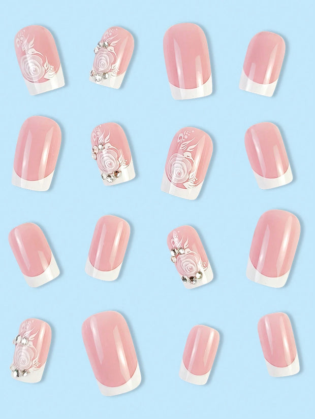 24pcs Short Square French Style White Rose Minimalist Sexy Artificial Nails Set Press On Nails For Party Or Daily Wear Nail Supplies - Luxe Ladies Moda