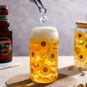 4PS Sunflower Printed Glass With Lid And Straw 16OZ Coffee Mugs, Drinking Mugs 4-Piece Set For Coffee, Milk Tea, Juice, Beer Mugs, Gift Mugs - Luxe Ladies Moda