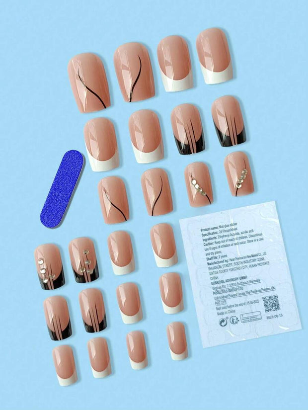 Transform Your Nails With 24pcs Short Square Rhinestone Decor Full Cover Fake Nail Set Press On Nails Nail Supplies - Luxe Ladies Moda