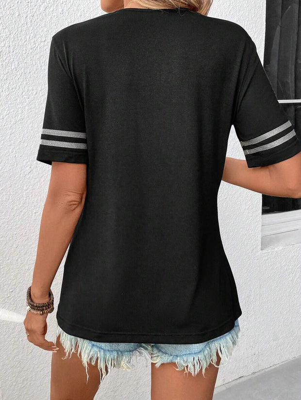 Women's Contrast Color Round Neck Short Sleeve T-Shirt Graphic Tees Women Tops - Luxe Ladies Moda