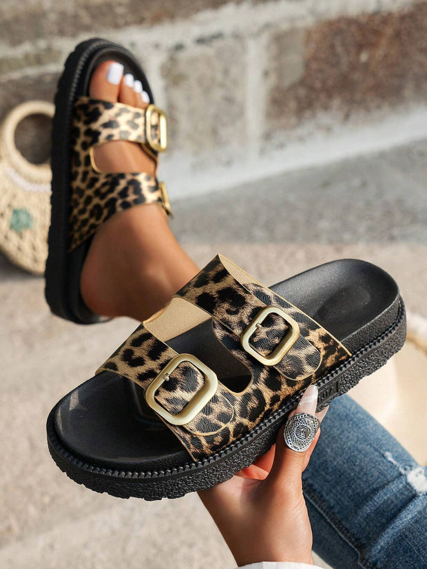 Women Buckle Decor Footbed Sandals, Flatform Fashion Sandals - Luxe Ladies Moda