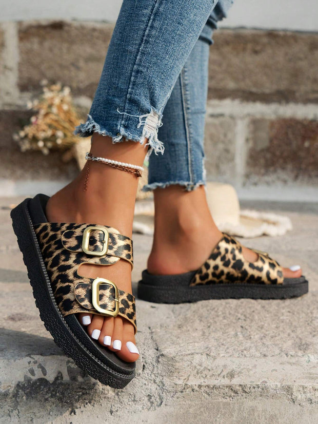 Women Buckle Decor Footbed Sandals, Flatform Fashion Sandals - Luxe Ladies Moda
