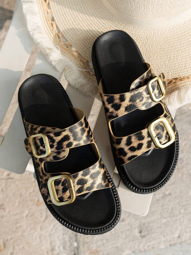 Women Buckle Decor Footbed Sandals, Flatform Fashion Sandals - Luxe Ladies Moda