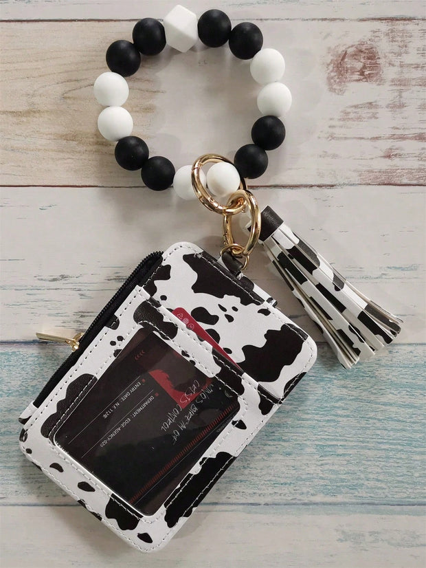 PU Leather Tassel Wallet Silicone Beaded Key Chain Silicone Beaded Bracelet Silicone Beaded Hand String Card Bag Case Wallet Key Chain Wrist Strap Western Cowboy Bracelet Card Bag Cow Print Card Bag Wallet Badge Holder Card Holder Wallet Business Card Ho - Luxe Ladies Moda