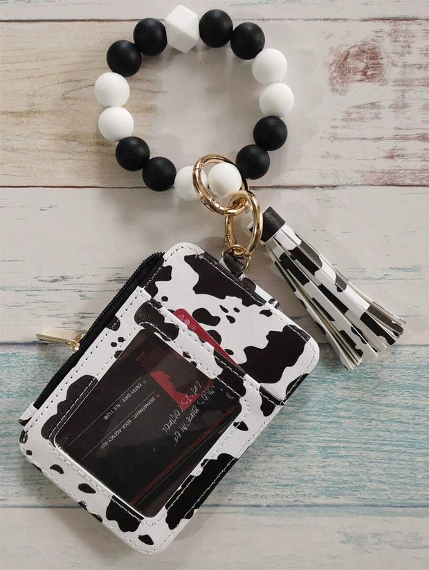 PU Leather Tassel Wallet Silicone Beaded Key Chain Silicone Beaded Bracelet Silicone Beaded Hand String Card Bag Case Wallet Key Chain Wrist Strap Western Cowboy Bracelet Card Bag Cow Print Card Bag Wallet Badge Holder Card Holder Wallet Business Card Ho - Luxe Ladies Moda