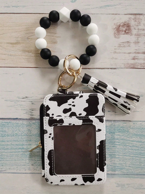 PU Leather Tassel Wallet Silicone Beaded Key Chain Silicone Beaded Bracelet Silicone Beaded Hand String Card Bag Case Wallet Key Chain Wrist Strap Western Cowboy Bracelet Card Bag Cow Print Card Bag Wallet Badge Holder Card Holder Wallet Business Card Ho - Luxe Ladies Moda