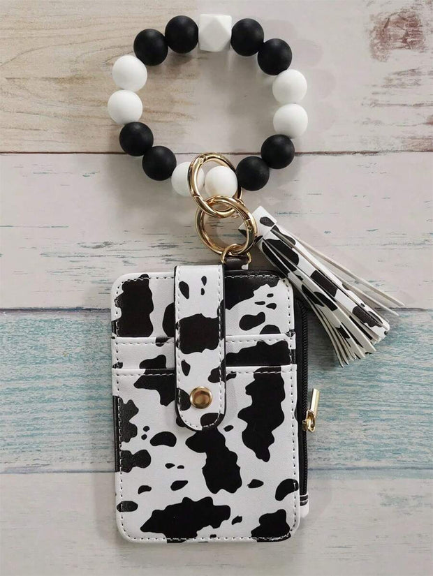 PU Leather Tassel Wallet Silicone Beaded Key Chain Silicone Beaded Bracelet Silicone Beaded Hand String Card Bag Case Wallet Key Chain Wrist Strap Western Cowboy Bracelet Card Bag Cow Print Card Bag Wallet Badge Holder Card Holder Wallet Business Card Ho - Luxe Ladies Moda
