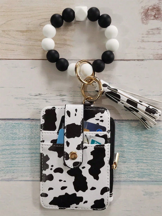 PU Leather Tassel Wallet Silicone Beaded Key Chain Silicone Beaded Bracelet Silicone Beaded Hand String Card Bag Case Wallet Key Chain Wrist Strap Western Cowboy Bracelet Card Bag Cow Print Card Bag Wallet Badge Holder Card Holder Wallet Business Card Ho - Luxe Ladies Moda