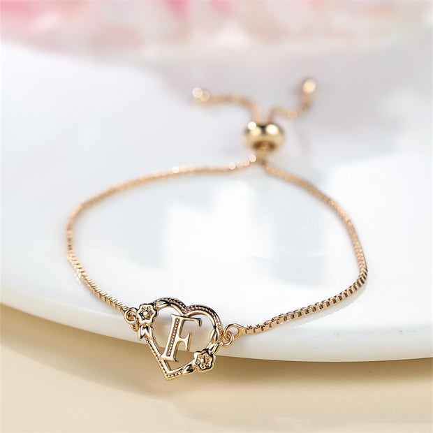 1 Pc Bohemian Style Golden Alphabet Heart Bracelet With Rose Detail, Adjustable Bangle, Love Heart Initial Charm, Valentine's Day Gift Jewelry - Luxe Ladies Moda