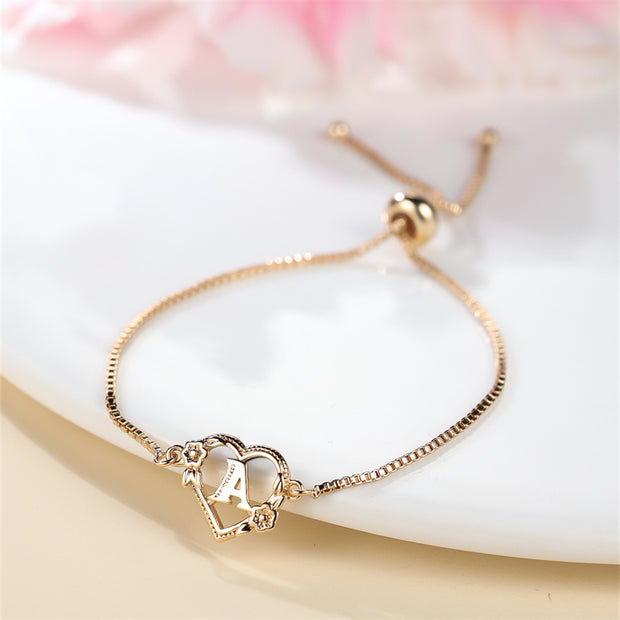1 Pc Bohemian Style Golden Alphabet Heart Bracelet With Rose Detail, Adjustable Bangle, Love Heart Initial Charm, Valentine's Day Gift Jewelry - Luxe Ladies Moda