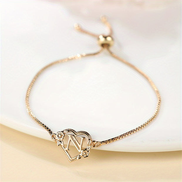1 Pc Bohemian Style Golden Alphabet Heart Bracelet With Rose Detail, Adjustable Bangle, Love Heart Initial Charm, Valentine's Day Gift Jewelry - Luxe Ladies Moda