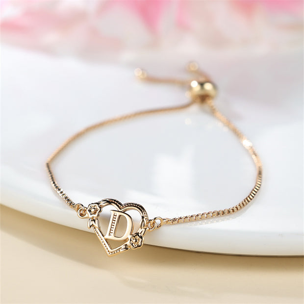 1 Pc Bohemian Style Golden Alphabet Heart Bracelet With Rose Detail, Adjustable Bangle, Love Heart Initial Charm, Valentine's Day Gift Jewelry - Luxe Ladies Moda