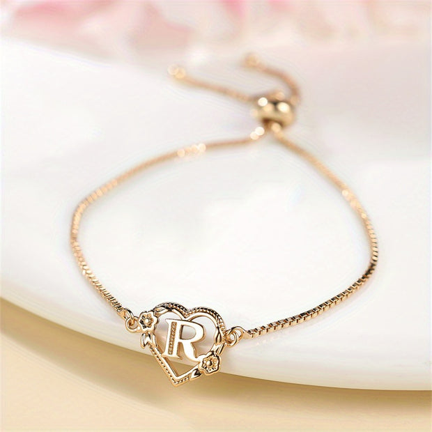 1 Pc Bohemian Style Golden Alphabet Heart Bracelet With Rose Detail, Adjustable Bangle, Love Heart Initial Charm, Valentine's Day Gift Jewelry - Luxe Ladies Moda