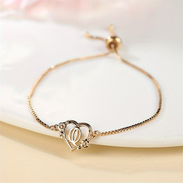 1 Pc Bohemian Style Golden Alphabet Heart Bracelet With Rose Detail, Adjustable Bangle, Love Heart Initial Charm, Valentine's Day Gift Jewelry - Luxe Ladies Moda