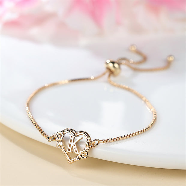 1 Pc Bohemian Style Golden Alphabet Heart Bracelet With Rose Detail, Adjustable Bangle, Love Heart Initial Charm, Valentine's Day Gift Jewelry - Luxe Ladies Moda