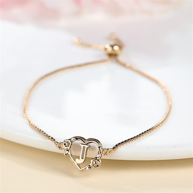 1 Pc Bohemian Style Golden Alphabet Heart Bracelet With Rose Detail, Adjustable Bangle, Love Heart Initial Charm, Valentine's Day Gift Jewelry - Luxe Ladies Moda