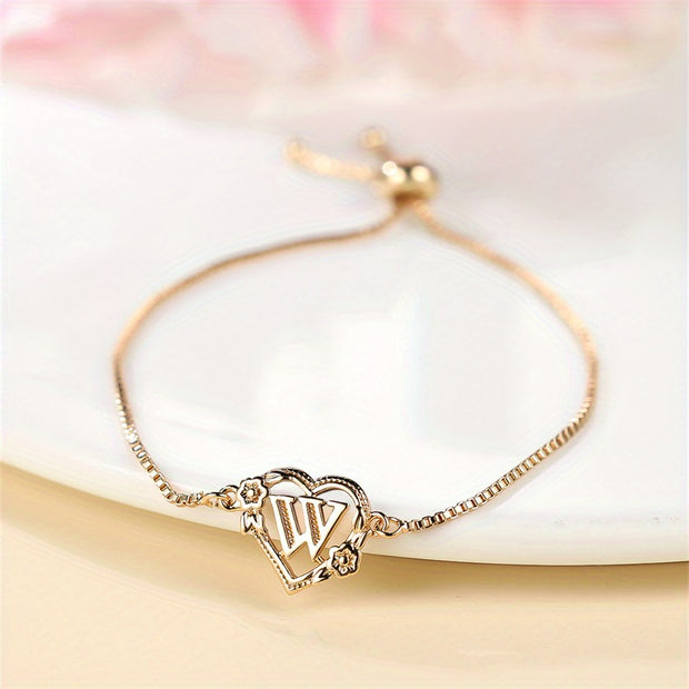 1 Pc Bohemian Style Golden Alphabet Heart Bracelet With Rose Detail, Adjustable Bangle, Love Heart Initial Charm, Valentine's Day Gift Jewelry - Luxe Ladies Moda