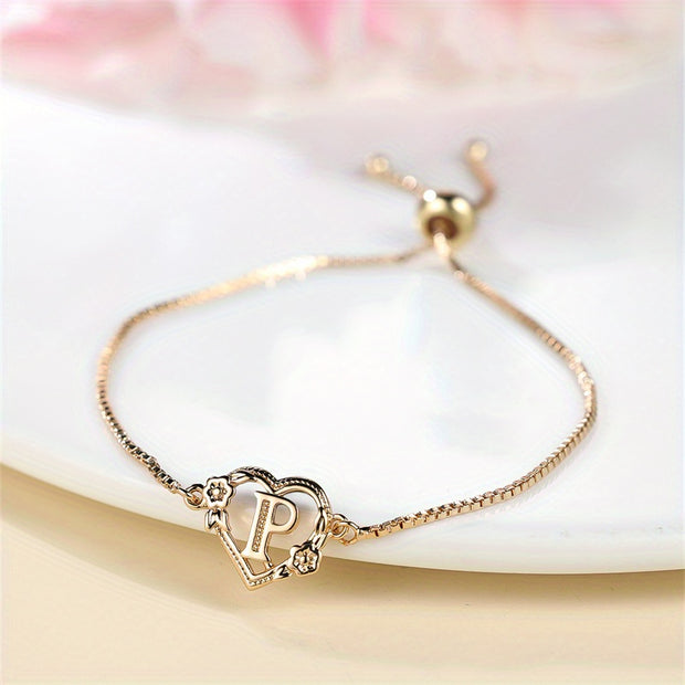 1 Pc Bohemian Style Golden Alphabet Heart Bracelet With Rose Detail, Adjustable Bangle, Love Heart Initial Charm, Valentine's Day Gift Jewelry - Luxe Ladies Moda
