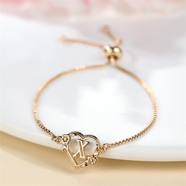 1 Pc Bohemian Style Golden Alphabet Heart Bracelet With Rose Detail, Adjustable Bangle, Love Heart Initial Charm, Valentine's Day Gift Jewelry - Luxe Ladies Moda