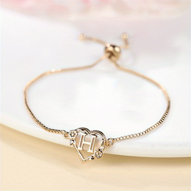 1 Pc Bohemian Style Golden Alphabet Heart Bracelet With Rose Detail, Adjustable Bangle, Love Heart Initial Charm, Valentine's Day Gift Jewelry - Luxe Ladies Moda