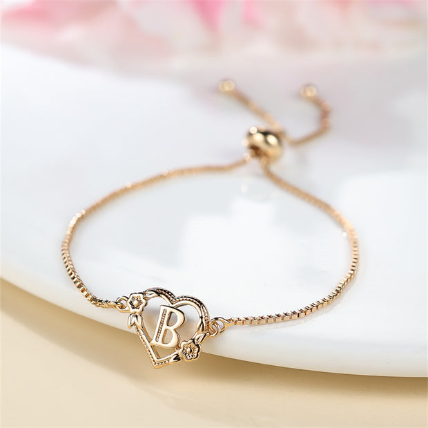 1 Pc Bohemian Style Golden Alphabet Heart Bracelet With Rose Detail, Adjustable Bangle, Love Heart Initial Charm, Valentine's Day Gift Jewelry - Luxe Ladies Moda