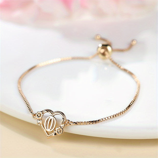 1 Pc Bohemian Style Golden Alphabet Heart Bracelet With Rose Detail, Adjustable Bangle, Love Heart Initial Charm, Valentine's Day Gift Jewelry - Luxe Ladies Moda
