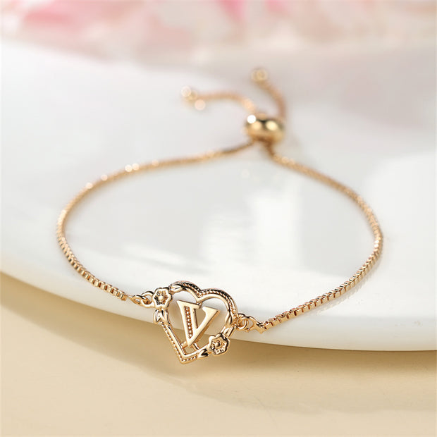 1 Pc Bohemian Style Golden Alphabet Heart Bracelet With Rose Detail, Adjustable Bangle, Love Heart Initial Charm, Valentine's Day Gift Jewelry - Luxe Ladies Moda