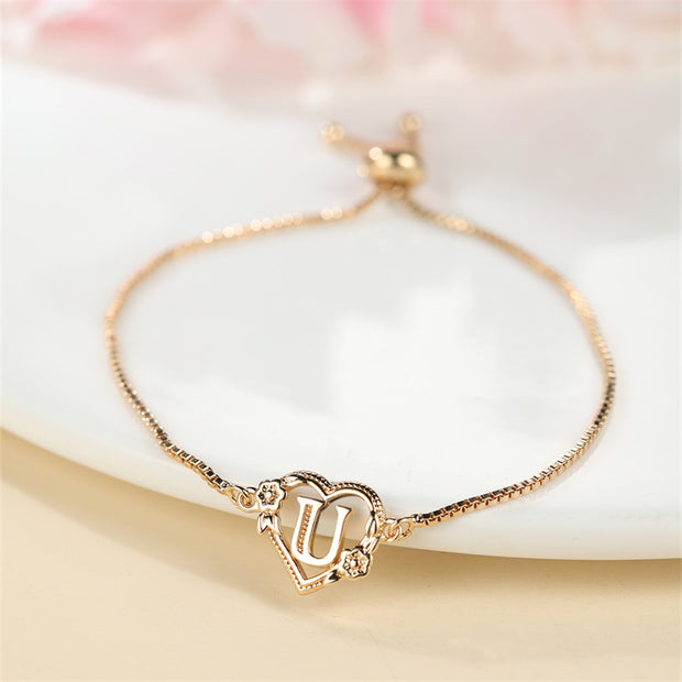 1 Pc Bohemian Style Golden Alphabet Heart Bracelet With Rose Detail, Adjustable Bangle, Love Heart Initial Charm, Valentine's Day Gift Jewelry - Luxe Ladies Moda
